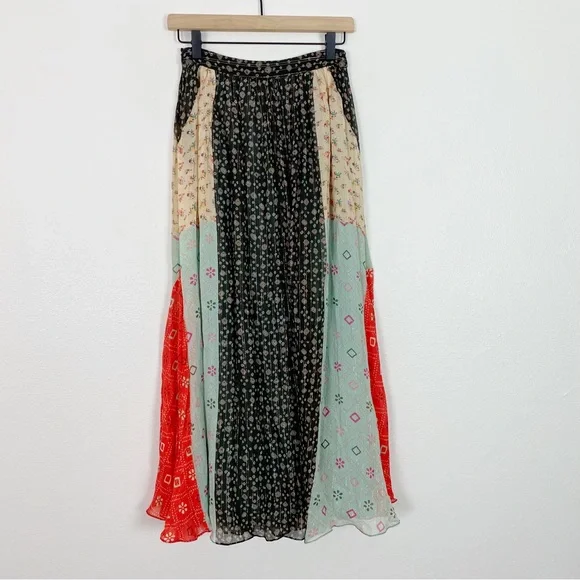 NWT Verb Pallavi Singhee Margot Pleated Maxi Skirt Metallic Mix Print 0 Petite - Picture 7 of 9